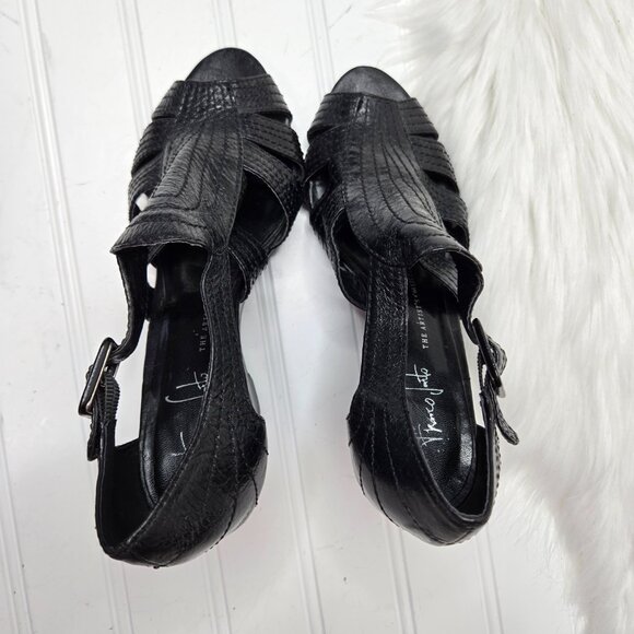 Franco Sarto Women's Size 7 M Black Leather Wedge Sandals Heels Peep Toe Buckle - Picture 4 of 11